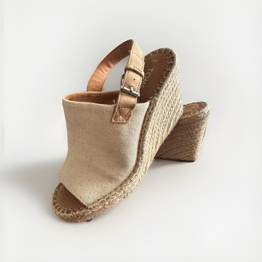 TOMS Women's Monica Wedge Sandal 6 Natural Hemp/Leather - Picture 2 of 10